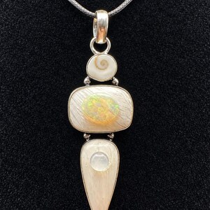 Shiva’s Eye Shell Pendant – Ethiopian Opal and 6 mm White Star Sapphire – One-of-a-Kind Necklace