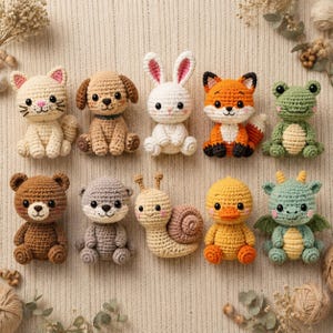 May include: A collection of ten small crocheted stuffed animals arranged in two rows. The figures include a cream cat, a tan dog, a white rabbit, an orange fox, a green frog, a brown bear, a grey otter, a tan snail, a yellow duck, and a green dragon.