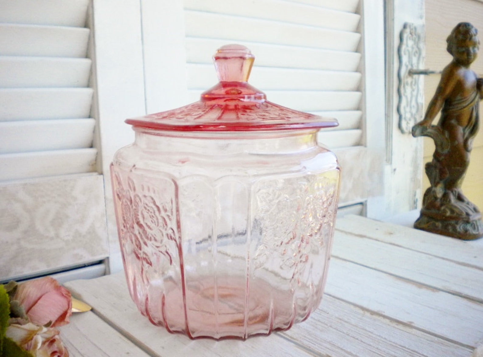 Pink Glass Jar With Lid Mayfair Open Rose 8 Inch/ Candy Jar Etsy