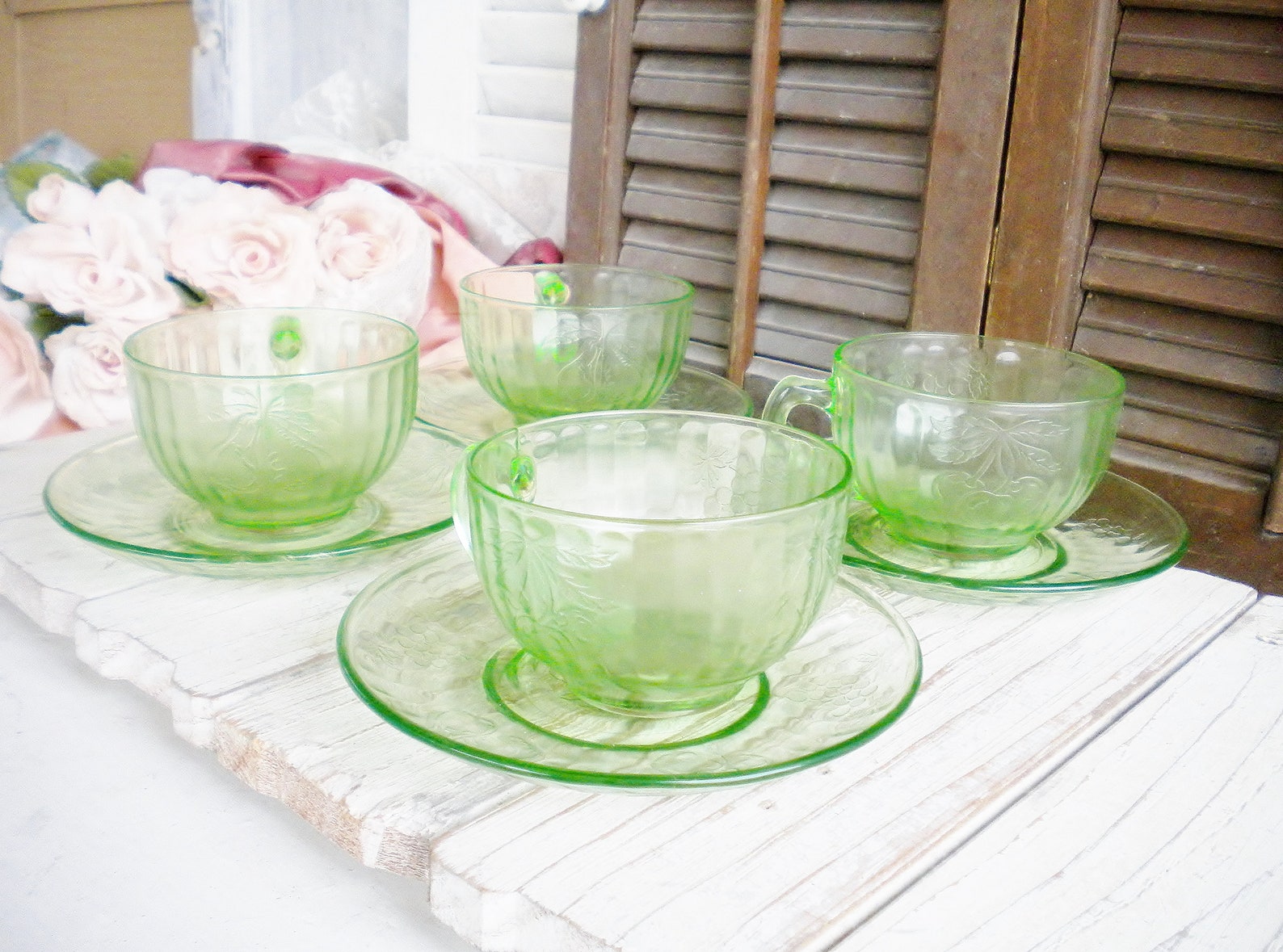 Green Glass Cup and Saucer Set of 4 or Dessert Plates/ Etsy