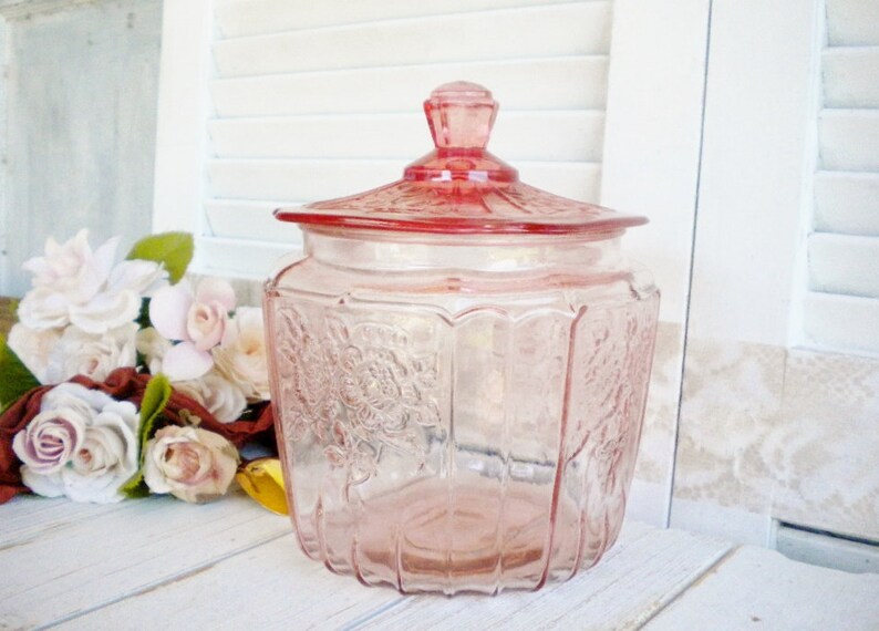 Pink Glass Jar With Lid Mayfair Open Rose 8 Inch/ Candy Jar Etsy