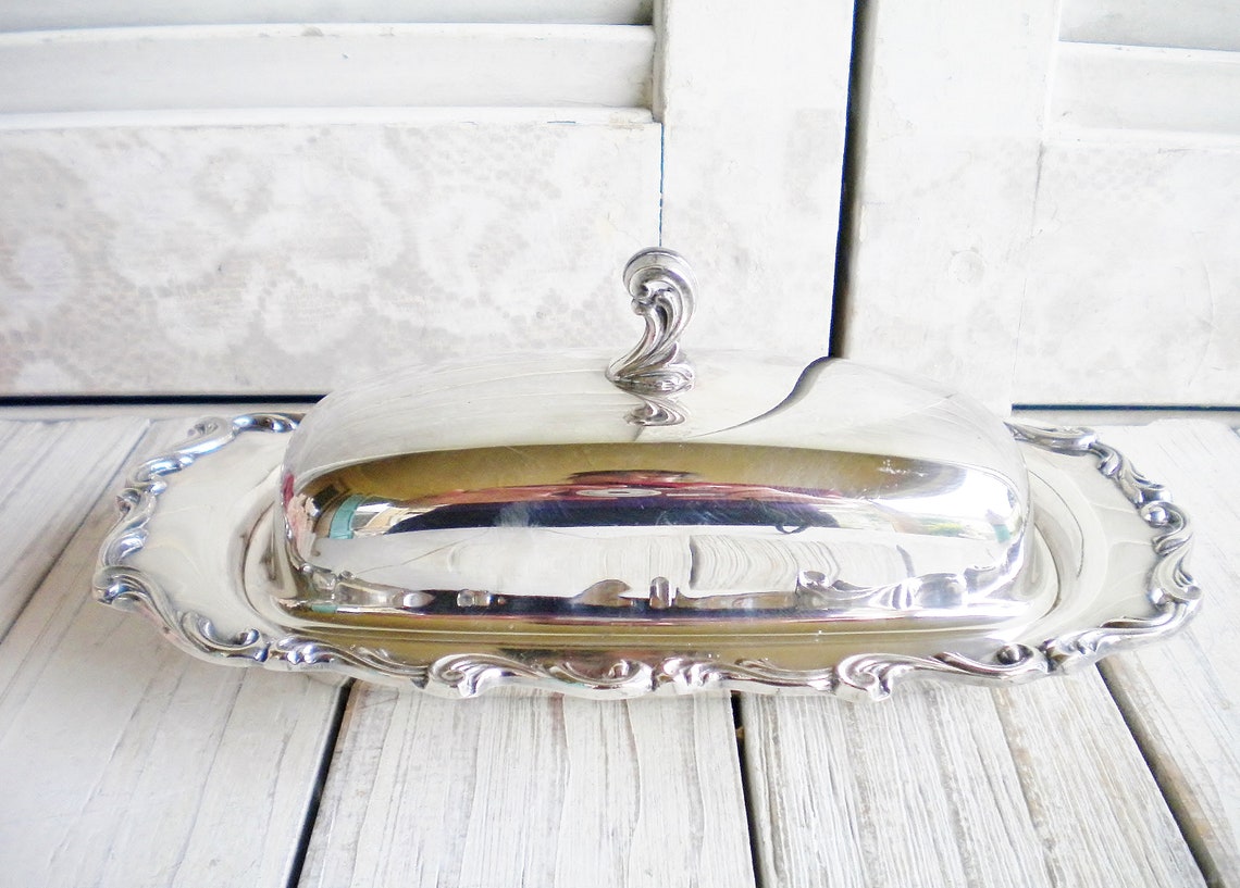 Silverplate Butter Dish Holder With Glass Insert Finial Lid Etsy