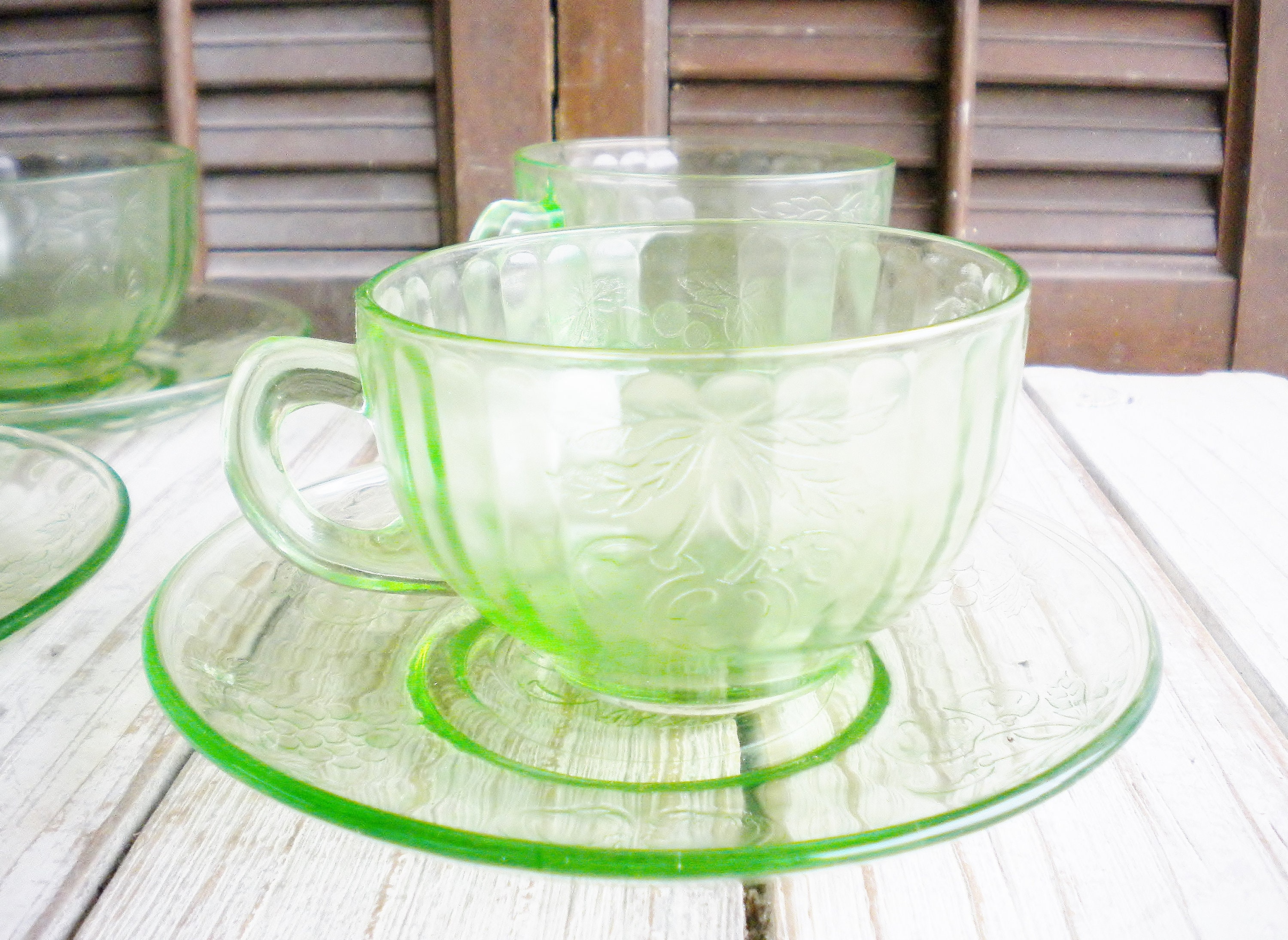 Sale Green Glass Cup And Saucer Set Of 4 Or Dessert Plates/ Etsy