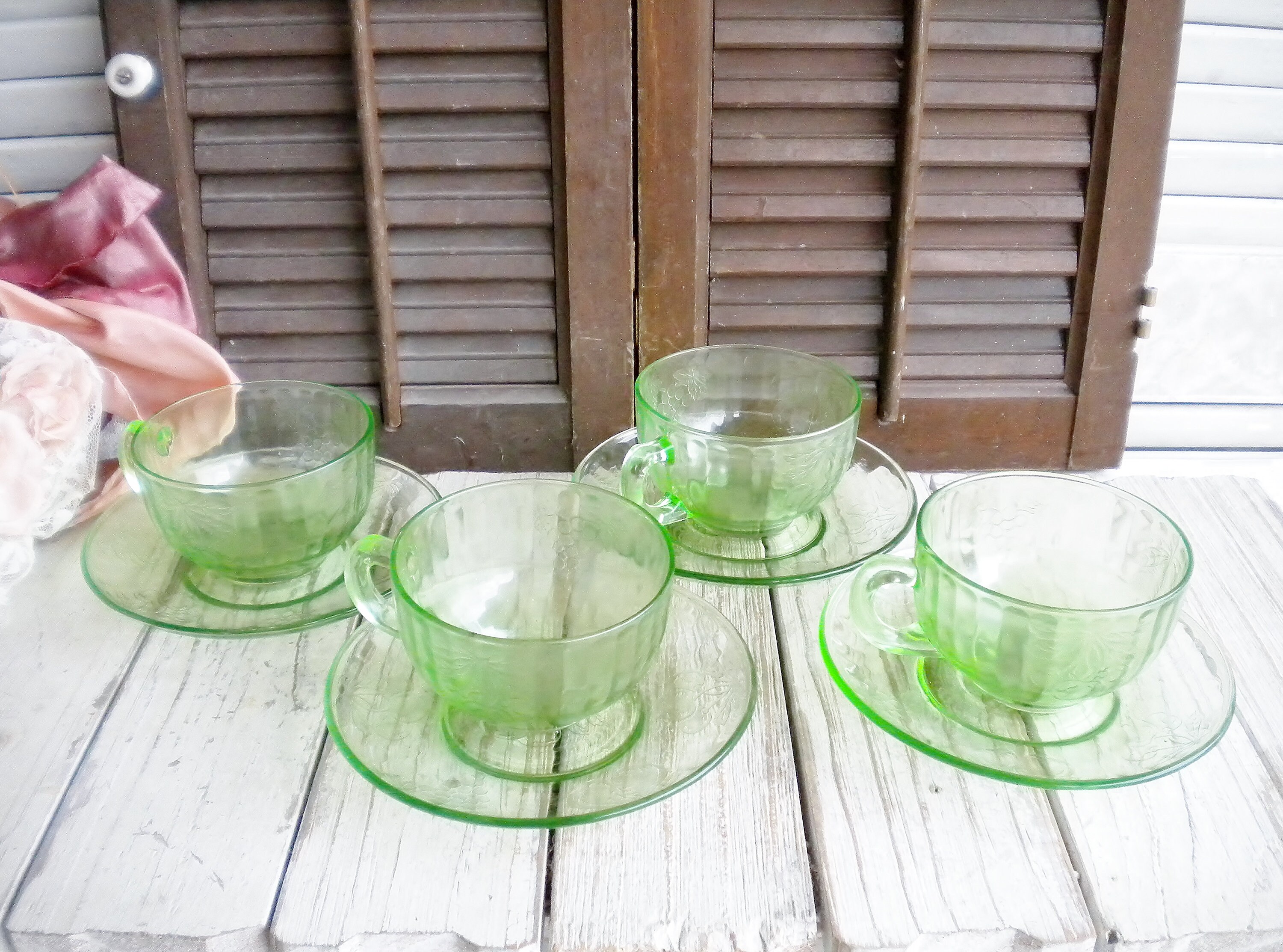 Sale Green Glass Cup And Saucer Set Of 4 Or Dessert Plates/ Etsy