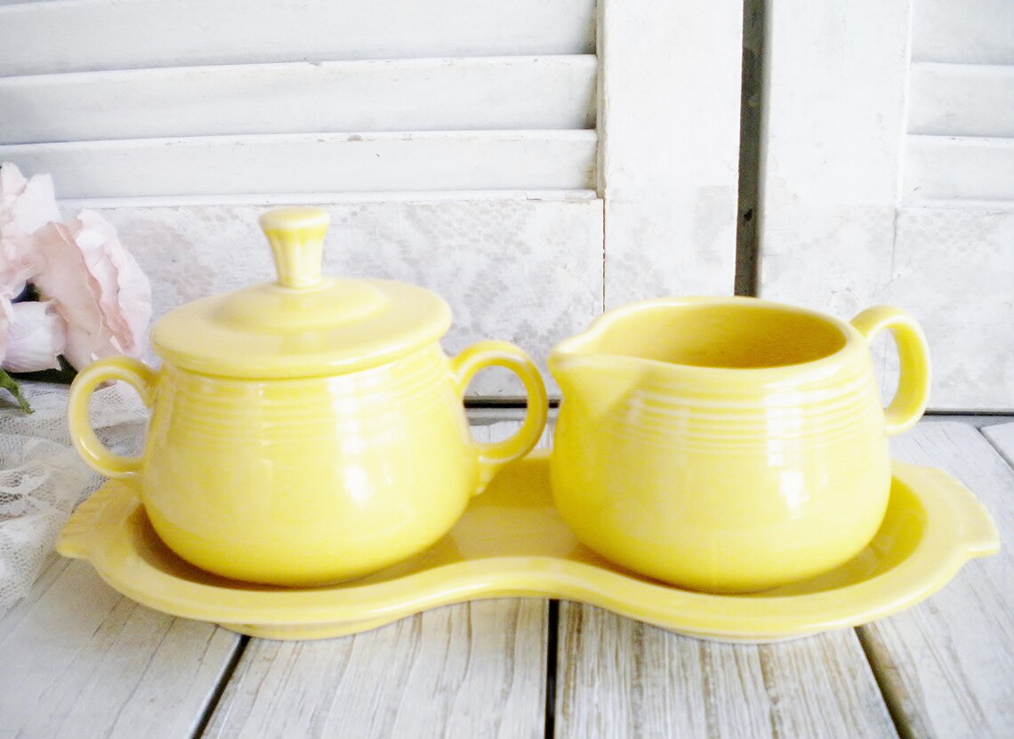 Retired Fiestaware Yellow Cream And Sugar With Tray Set 4 Etsy