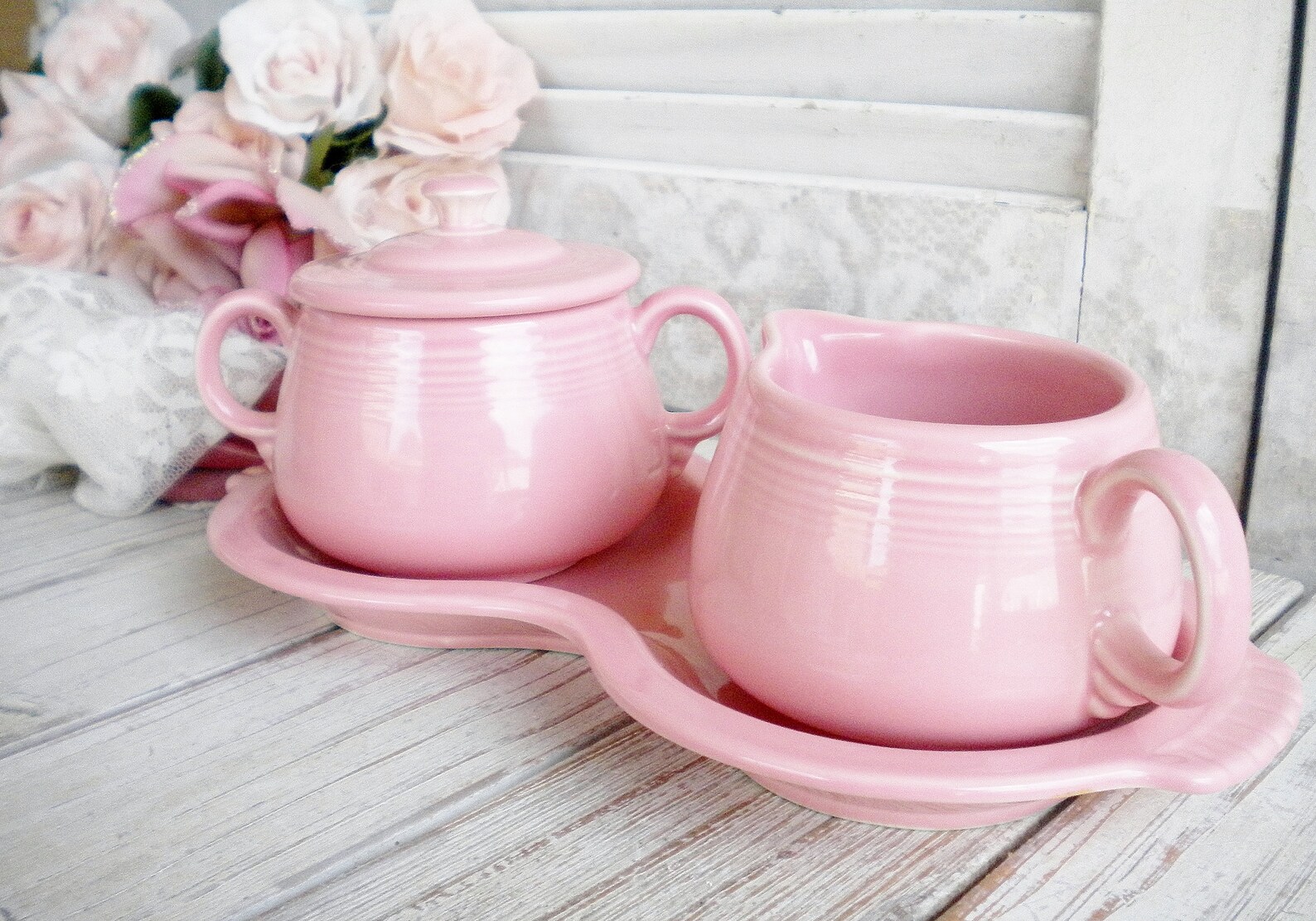 Fiestaware Rose Cream and Sugar With Tray Set Retired 4 Piece Etsy