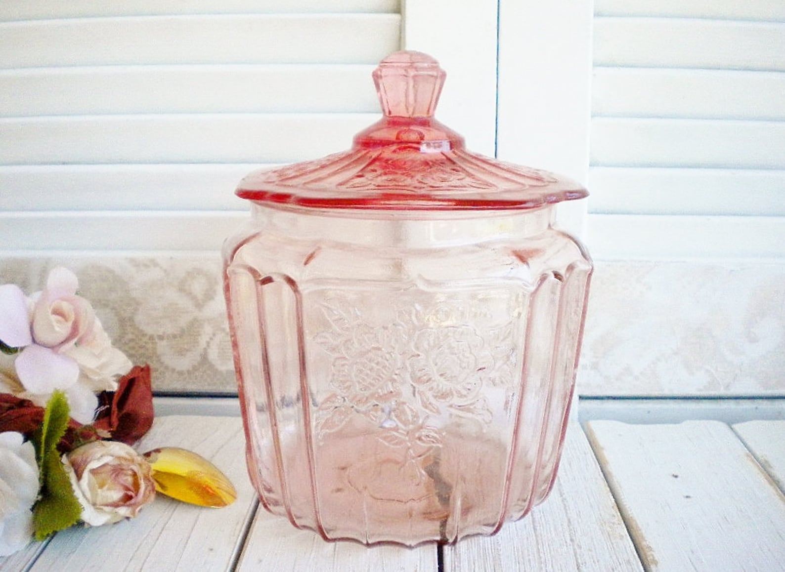 Pink Glass Jar With Lid Mayfair Open Rose 8 Inch/ Candy Jar Etsy