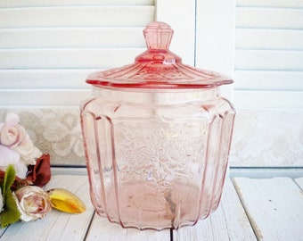 Pink Depression Glass Jar With Lid Mayfair Open Rose, 8 Inch Candy Jar Wedding Decor Collectable Shabby Chic
