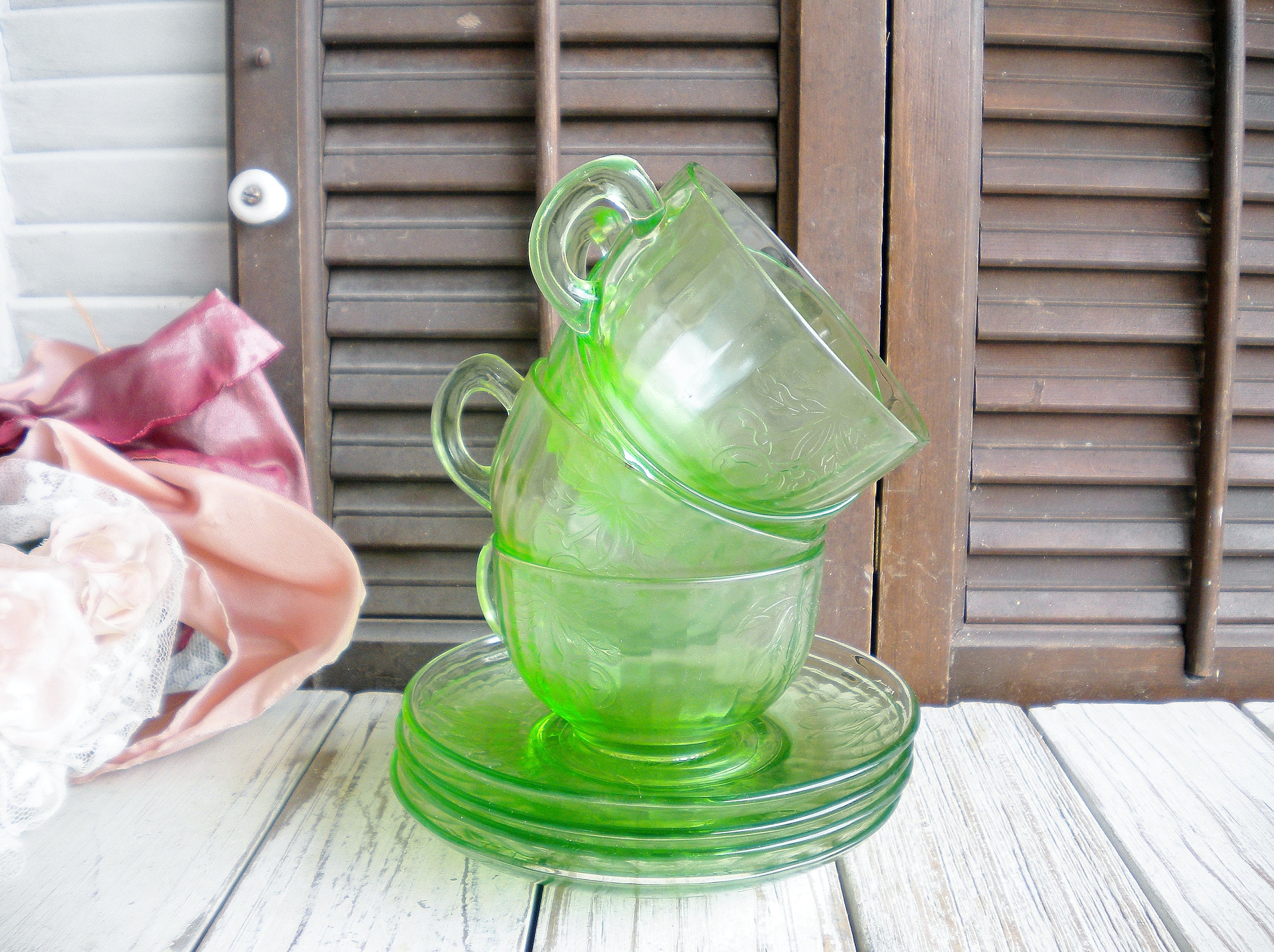 Sale Green Glass Cup And Saucer Set Of 4 Or Dessert Plates/ Etsy