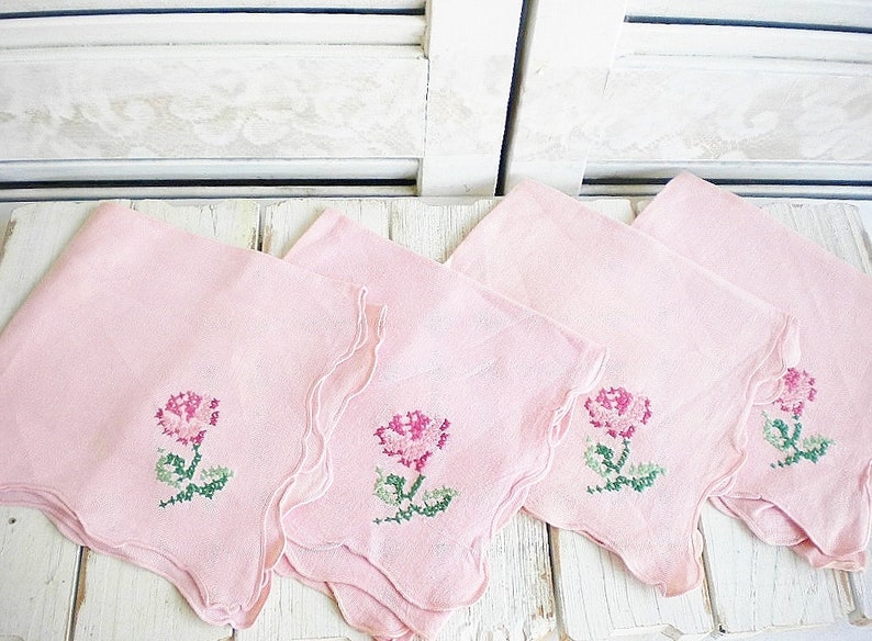 Sale Retro Pink Rose Napkins Embroidered Cloth Set Of 4 Etsy