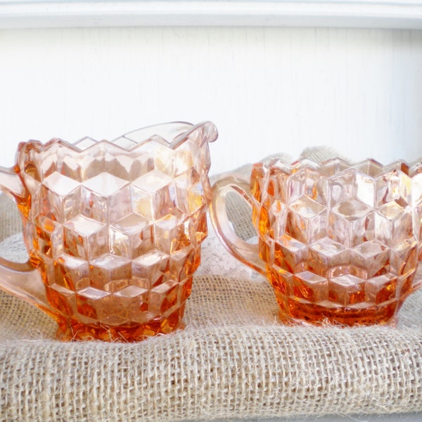 Vintage Cube Pink Depression Glass Cream and Sugar Set For Serving Table Wedding Vanity Powder Room Collectable Gift