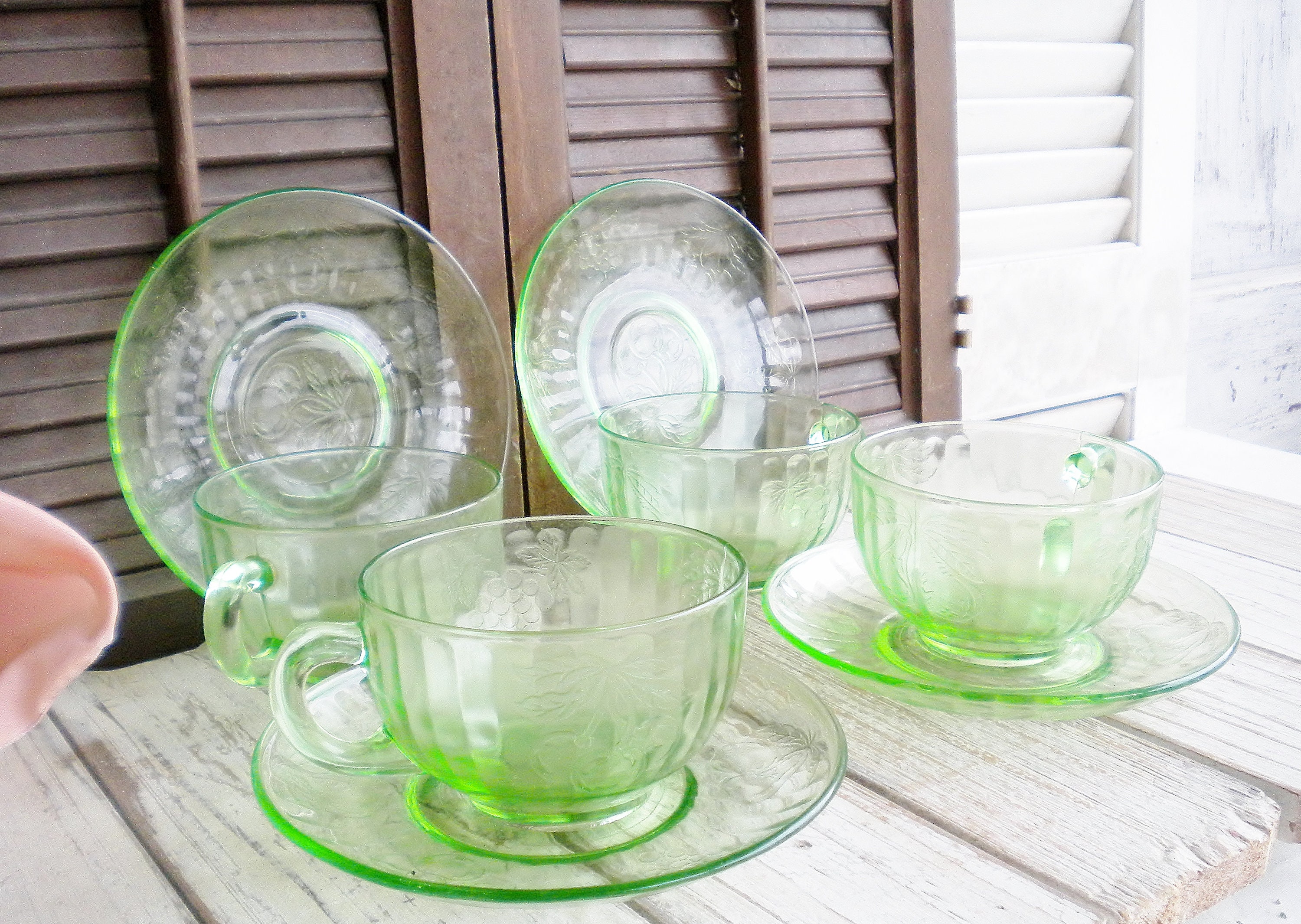 Sale Green Glass Cup And Saucer Set Of 4 Or Dessert Plates/ Etsy