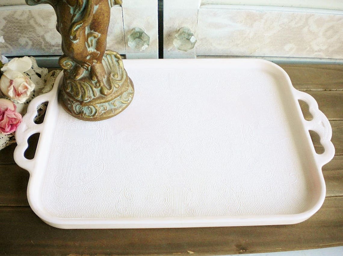 Large Pink Milk Glass Tray With Handles Vintage Harp Etsy