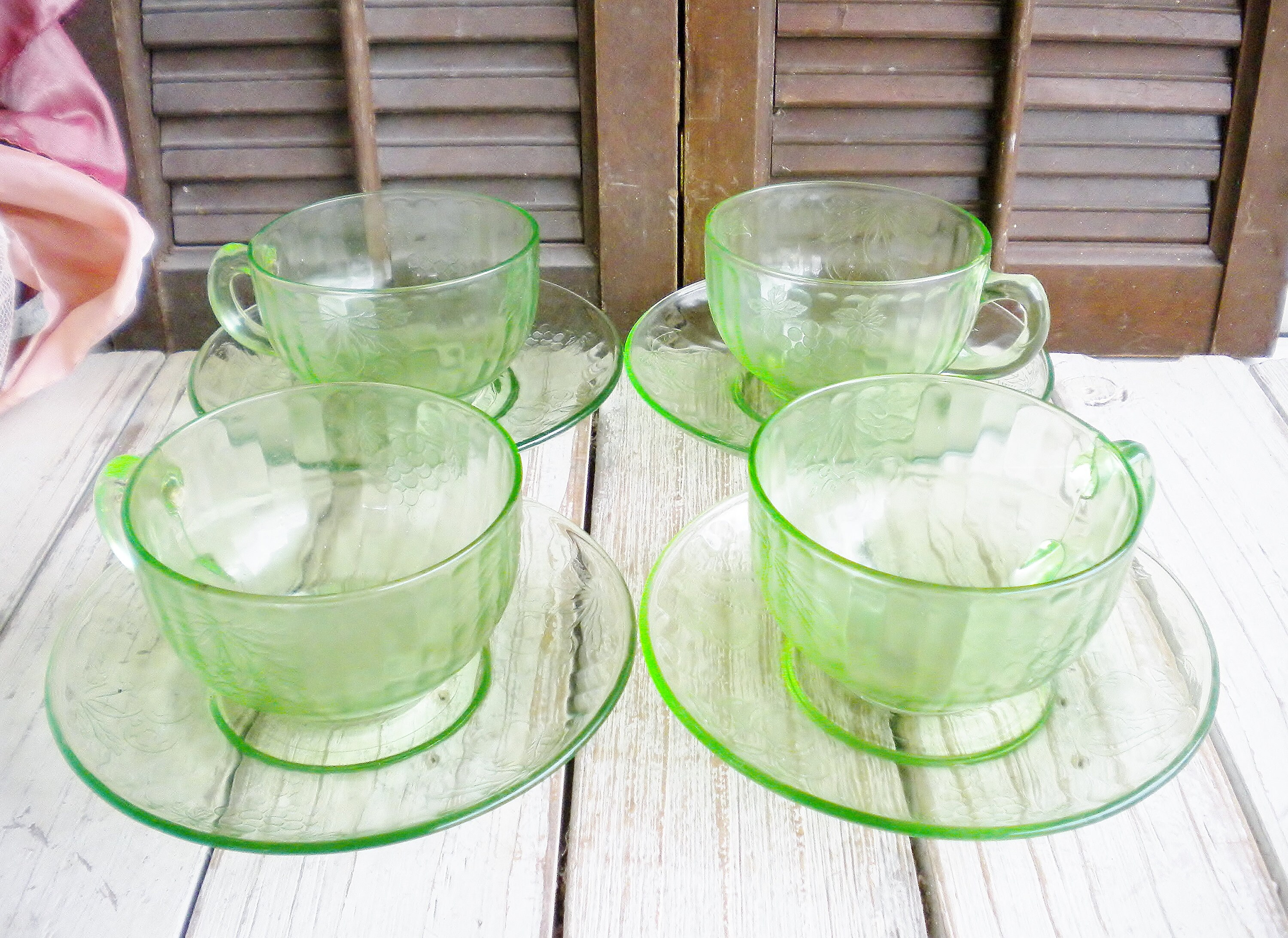 Green Glass Cup And Saucer Set Of 4 Or Dessert Plates/ Etsy