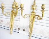 Vintage Sconce Brass Candelabras Set of Two Gold Wall Decor Rustic Wedding Holiday Decor HollyWood Regency Boho Decor Mid Century