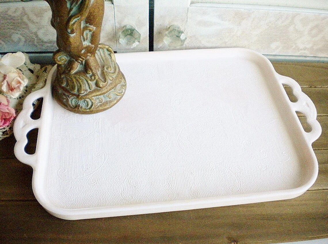 Large Pink Milk Glass Tray With Handles Vintage Harp Etsy