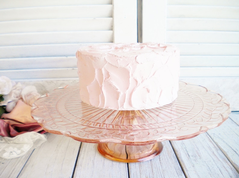 Large Pink Blush Cake Stand 12 Inch Laurel Pattern/ Vintage image 1