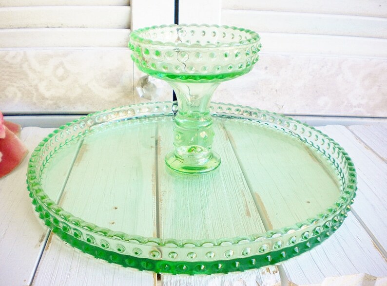 LE Smith Hobnail Green Glass Cake Stand Sale 11 Inch Vintage Etsy