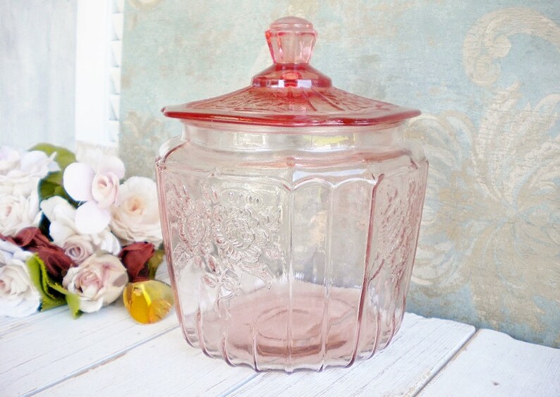 Pink Glass Jar With Lid Mayfair Open Rose 8 Inch/ Candy Jar Etsy