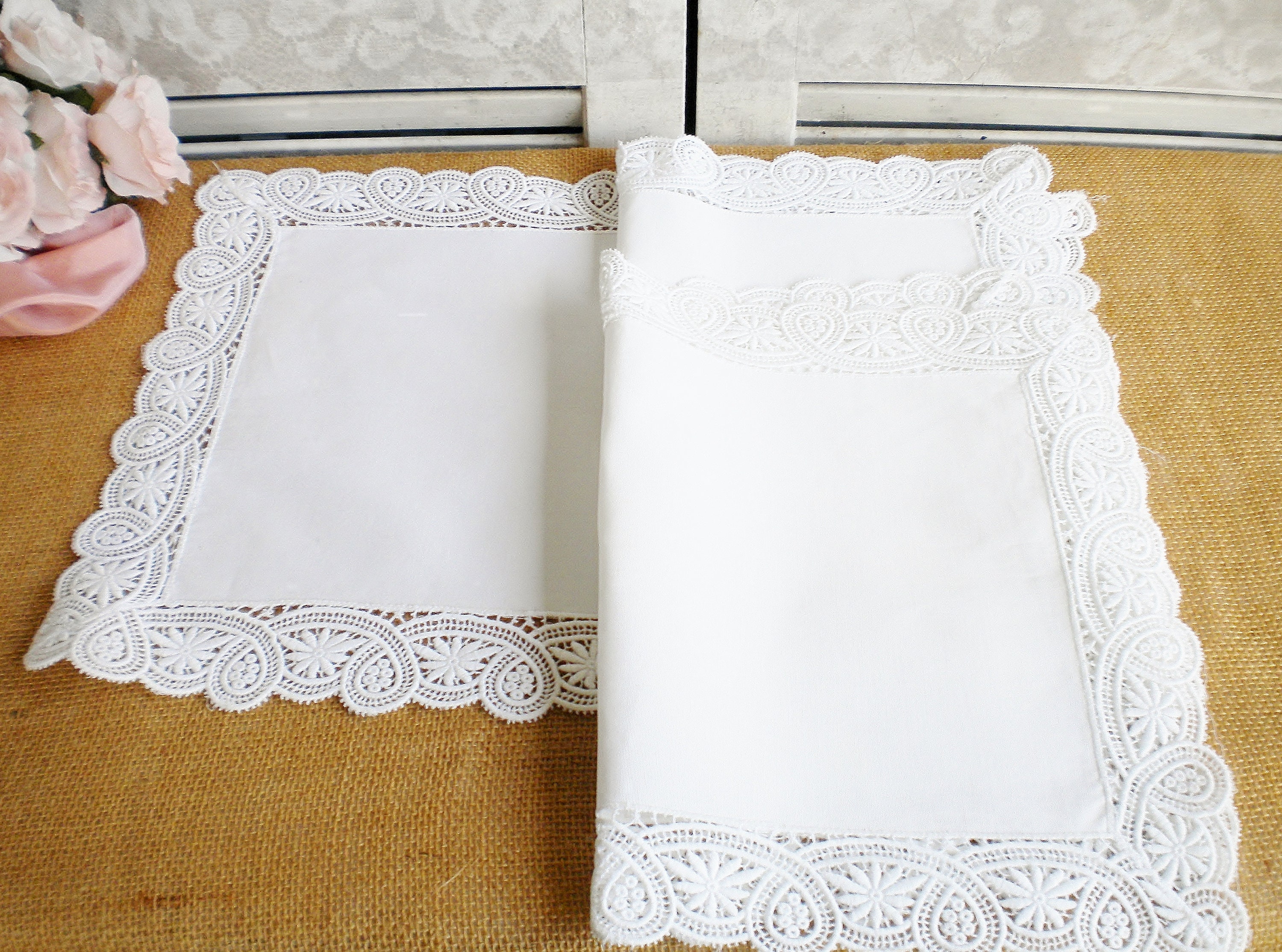 Vintage Cotton White Mini Table Runners Place Mats With Lace Etsy
