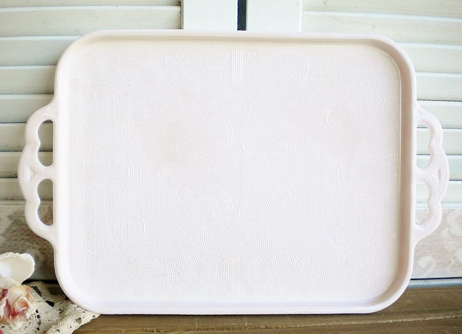 Large Pink Milk Glass Tray With Handles Vintage Harp Etsy