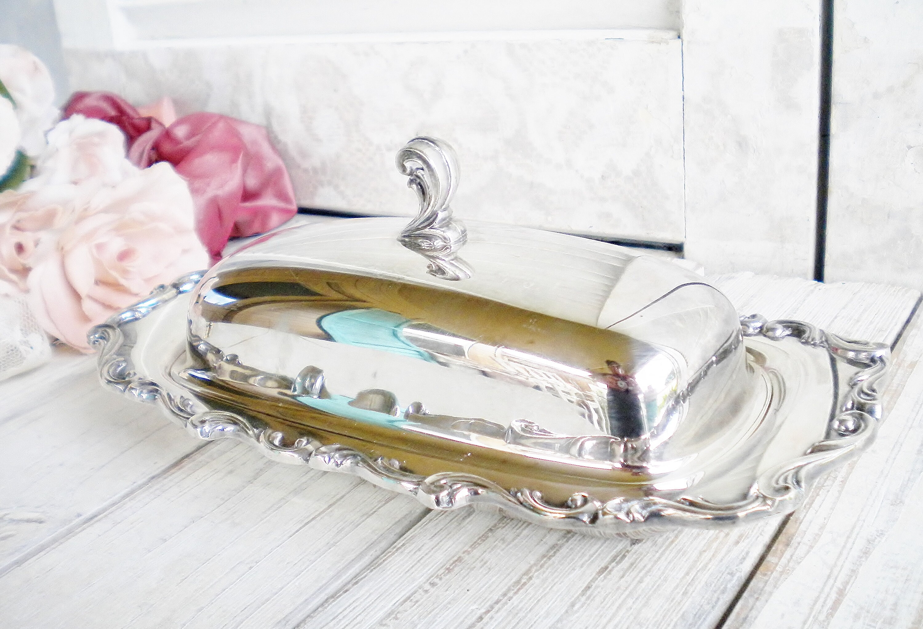 Silverplate Butter Dish Holder With Glass Insert Finial Lid Etsy