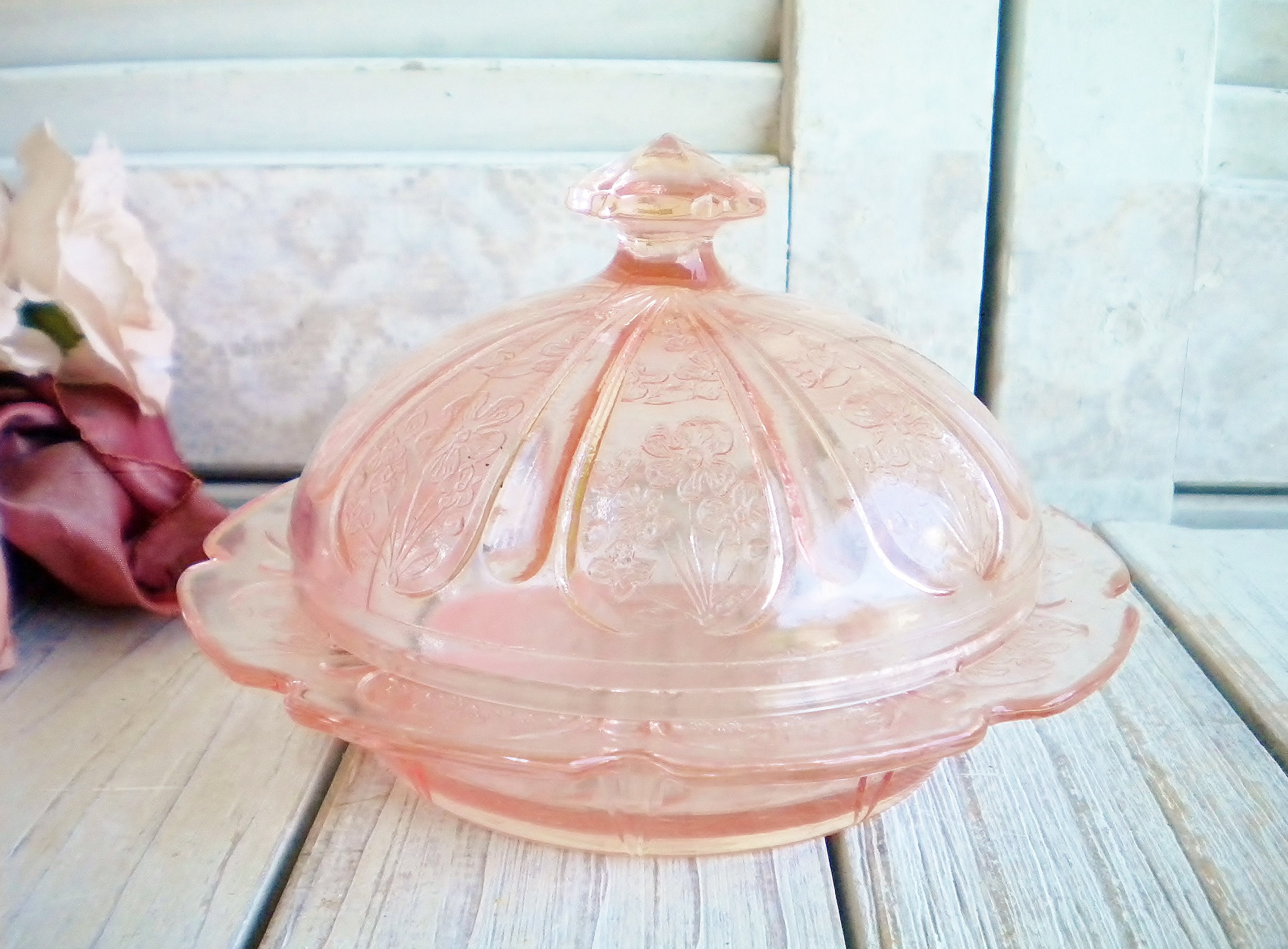 pink butter dish with lid