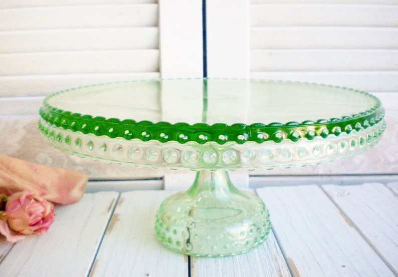 LE Smith Hobnail Green Glass Cake Stand Sale 11 Inch Vintage Etsy
