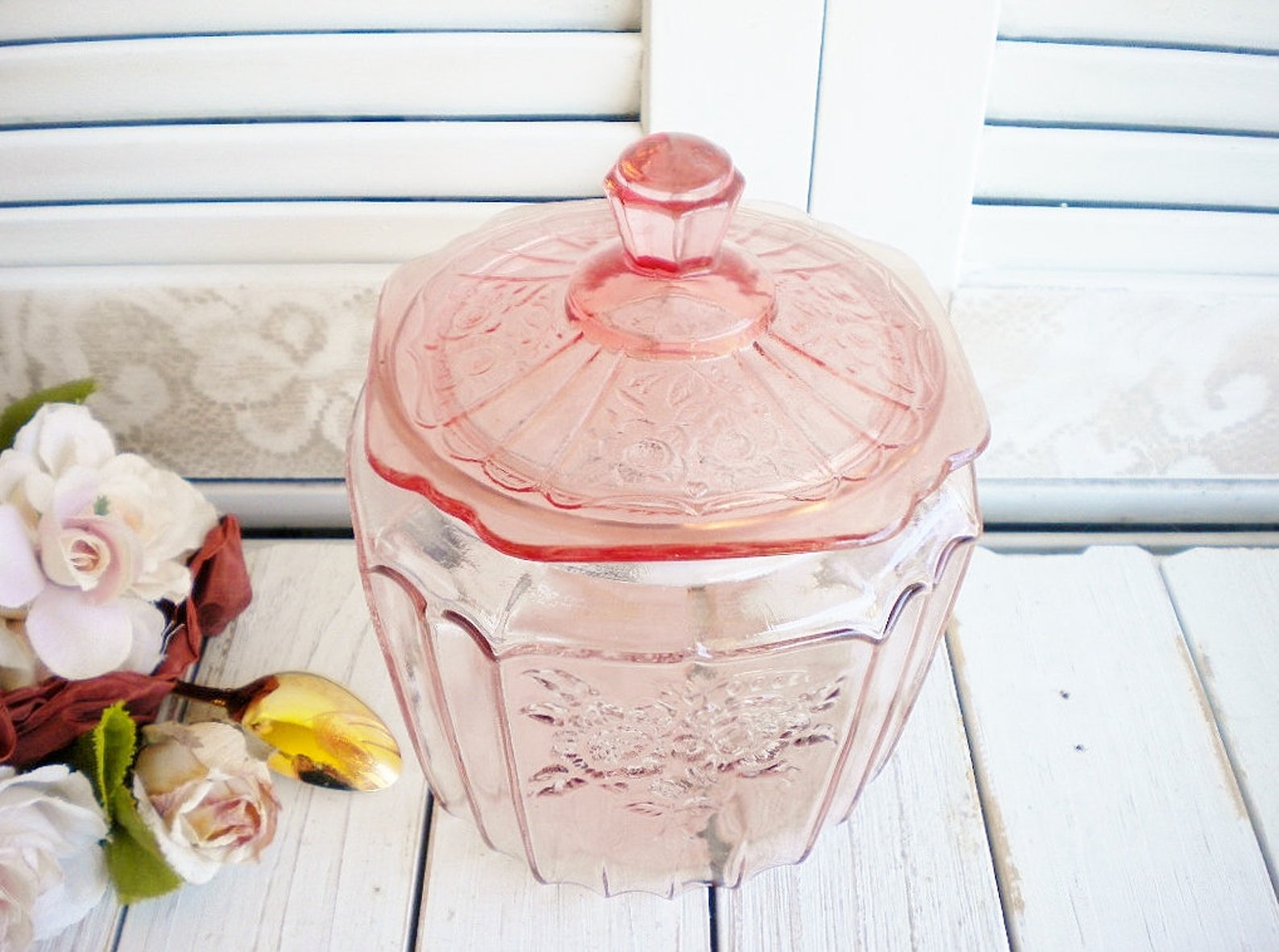 Pink Glass Jar With Lid Mayfair Open Rose 8 Inch/ Candy Jar Etsy