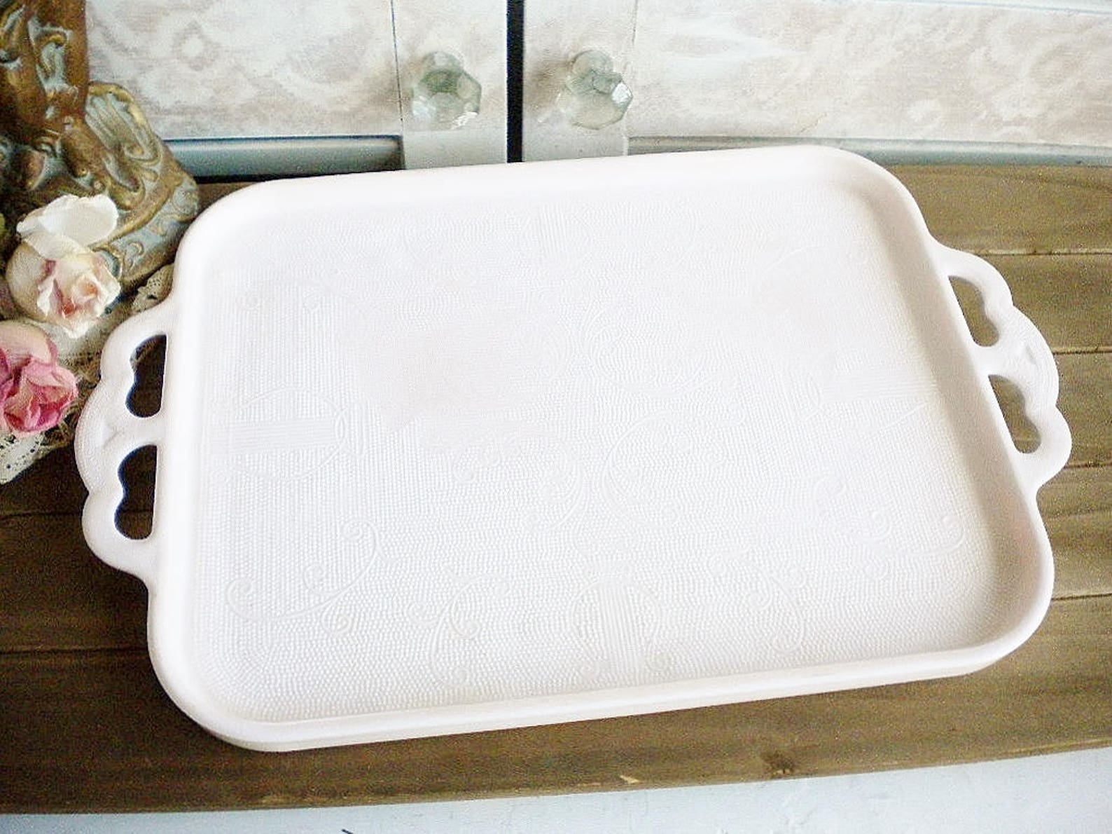 Large Pink Milk Glass Tray With Handles Vintage Harp Etsy