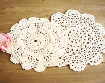 Vintage Lot Crochet Lace Dollies Set Of 2, Wedding Beige Dollies Rustic Wedding Crafters Projects