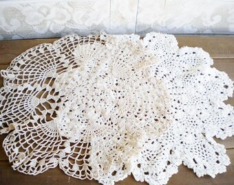 Vintage Crochet Lace Dollies Beige And Soft White, Vintage Wedding Dollies Set of 2/ Something Old/Shabby Chic Decor/Crafters Lot