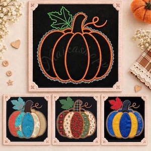 Puede incluir: Un conjunto de cuatro decoraciones de pared cuadradas enmarcadas con diseños de calabazas. La pieza superior muestra el contorno de una calabaza naranja sobre fondo negro. Las tres piezas inferiores muestran calabazas con patrones de tela variados.