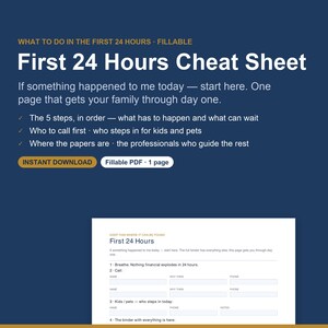 May include: A digital document titled First 24 Hours Cheat Sheet on a dark blue background. It includes text about emergency steps, contact lists for kids and pets, and location of papers. A preview of the one-page fillable PDF form is shown below.