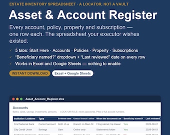 Registro dei beni e dei conti, foglio di calcolo per l'inventario patrimoniale, modello Excel + Google Sheets (download immediato)