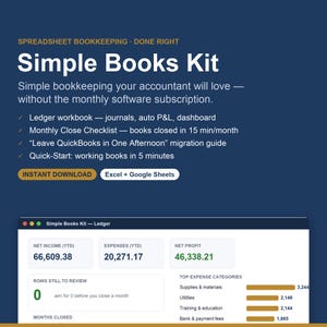 May include: A digital bookkeeping kit titled Simple Books Kit featuring a ledger workbook, monthly close checklist, and migration guide. The interface displays net income, expenses, net profit, and expense categories in Excel and Google Sheets.