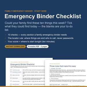 May include: A two-page printable PDF emergency binder checklist with a dark blue background and white text. The document includes a list of ten essential items for family emergency planning, instructions for a locator rule, and a scoring system.