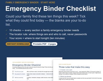 May include: A two-page printable PDF emergency binder checklist with a dark blue background and white text. The document includes a list of ten essential items for family emergency planning, instructions for a locator rule, and a scoring system.