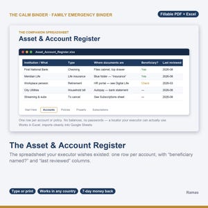 May include: A digital asset and account register spreadsheet template titled The Calm Binder. The interface displays columns for institution, type, document location, beneficiary, and review date. Includes text labels for fillable PDF and Excel.