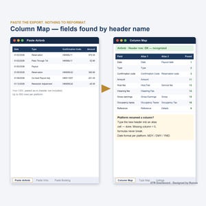 May include: A digital interface showing a Column Map tool for data processing. The left window displays a table titled Paste Airbnb with columns for Date, Type, Confirmation Code, and Amount. The right window shows a mapping table with fields like Host fee, Cleaning fee, and Gross earnings, alongside instructions for renaming columns and setting date formats.