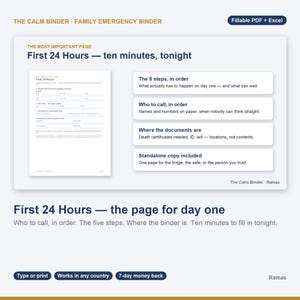 May include: A digital family emergency binder template titled The Calm Binder, featuring a First 24 Hours page with fillable fields. It includes sections for 5 steps, contact lists, document locations, and a standalone copy for quick reference.