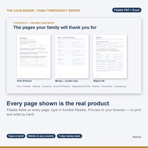 May include: The Calm Binder Family Emergency Binder is a fillable PDF and Excel document. It includes templates for First 24 Hours, Money, Bank and Card Accounts, and Digital Life, with additional sections for contacts, medical, insurance, and property.