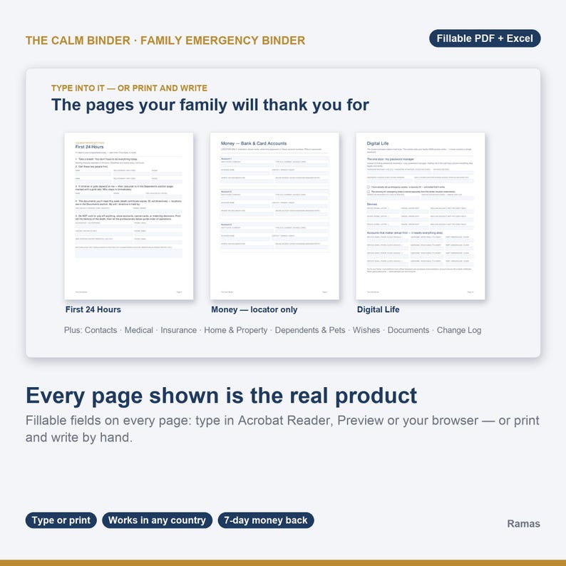 May include: The Calm Binder Family Emergency Binder is a fillable PDF and Excel document. It includes templates for First 24 Hours, Money, Bank and Card Accounts, and Digital Life, with additional sections for contacts, medical, insurance, and property.