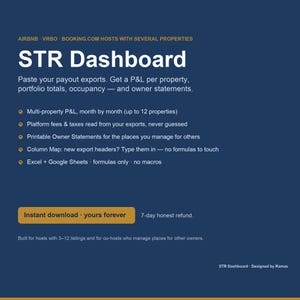 May include: A dark blue digital STR Dashboard for Airbnb, VRBO, and Booking.com hosts. It features text detailing P&L, occupancy, and owner statements, with bullet points listing features like multi-property tracking, fee calculation, and Excel compatibility.