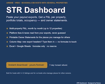 May include: A dark blue digital STR Dashboard for Airbnb, VRBO, and Booking.com hosts. It features text detailing P&L, occupancy, and owner statements, with bullet points listing features like multi-property tracking, fee calculation, and Excel compatibility.