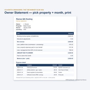 May include: A digital owner statement document for Ramas QA Hosting, displaying financial data for Maple House in January 2026. The report includes booking revenue, net revenue, management fees, and an expense detail table with vendor information.