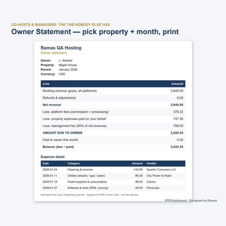 May include: A digital owner statement document for Ramas QA Hosting, displaying financial data for Maple House in January 2026. The report includes booking revenue, net revenue, management fees, and an expense detail table with vendor information.