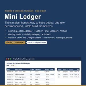 May include: A digital income and expense tracker spreadsheet titled Mini Ledger. The dark blue background features white text describing features like automatic monthly totals, compatible with Excel and Google Sheets. A preview of the spreadsheet shows columns for date, description, category, and amount.
