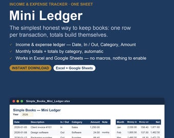 May include: A digital income and expense tracker spreadsheet titled Mini Ledger. The dark blue background features white text describing features like automatic monthly totals, compatible with Excel and Google Sheets. A preview of the spreadsheet shows columns for date, description, category, and amount.