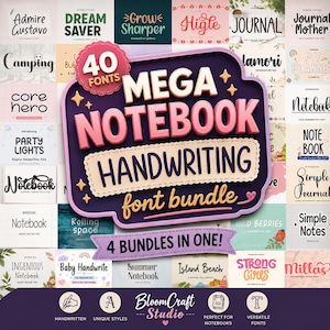 May include: A digital graphic displaying a Mega Notebook Handwriting font bundle featuring 40 fonts. The central purple badge highlights the bundle name with pink and white text. Surrounding the badge are various font samples and a bottom banner stating 4 BUNDLES IN ONE! with BloomCraft Studio branding.